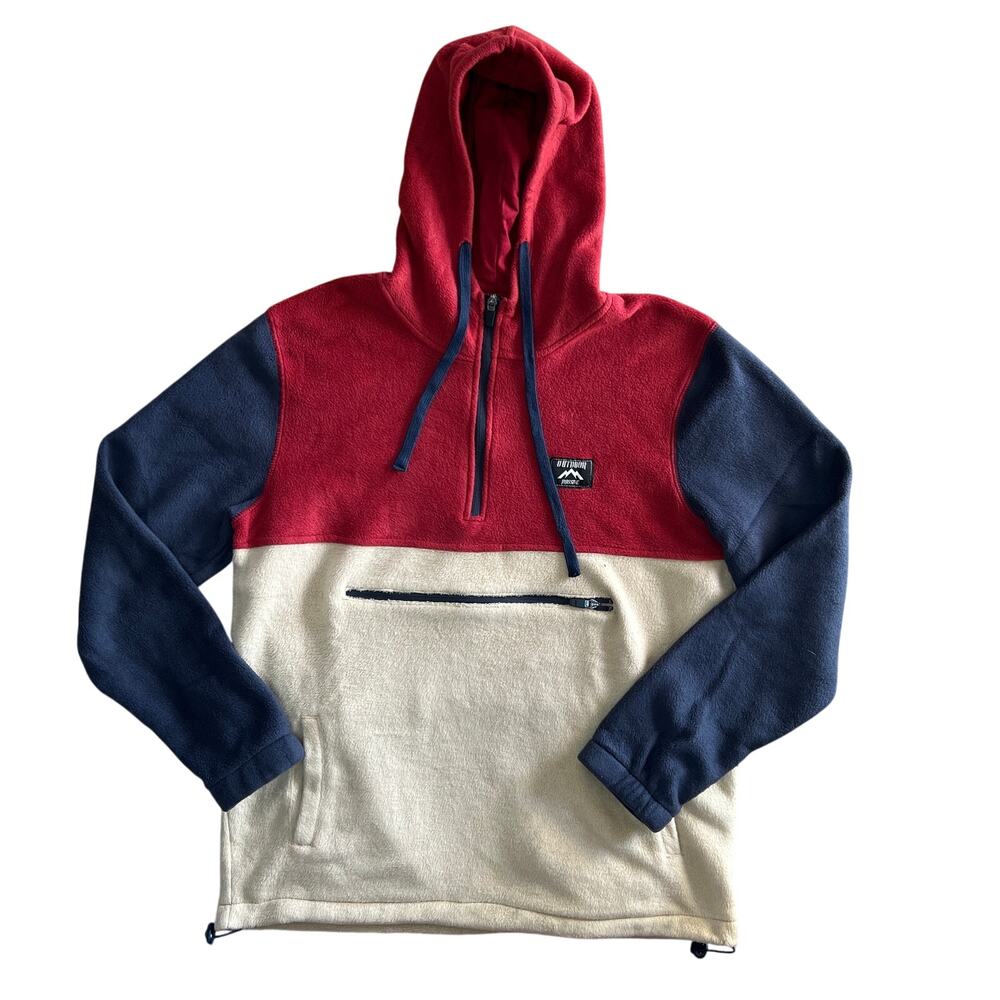 Outdoor Massive Fleece Hoodie Red Navy Cream Colorblock Mens Medium Pullover
